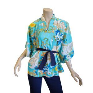 Vintage 1970s Hawaiian Palm Kimono-Style Top w/Winged Sleeves, Cranes & Florals